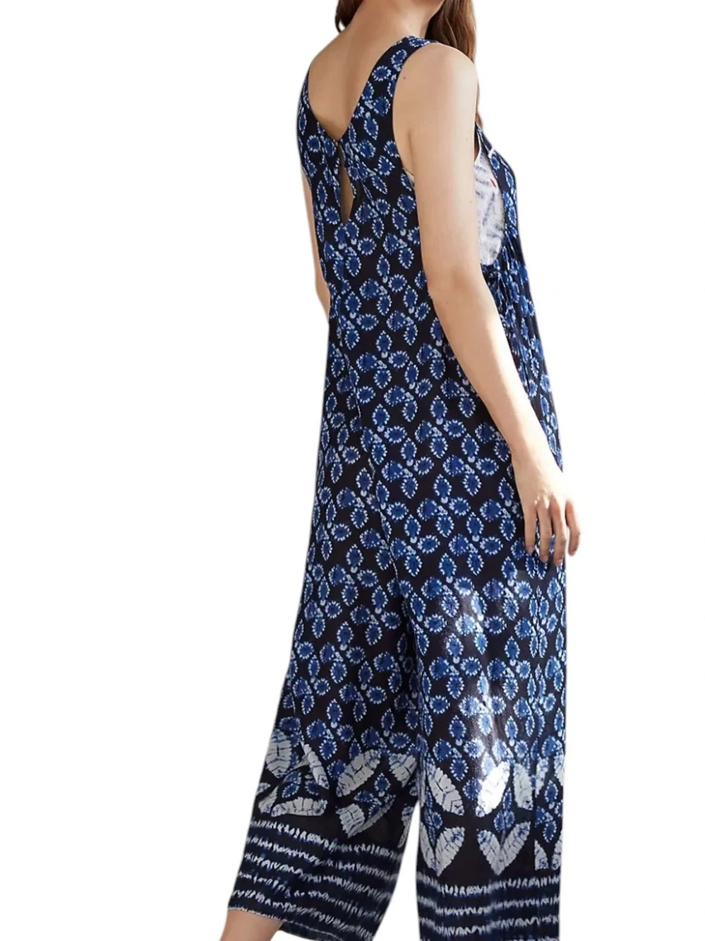 Anthropologie Navy Blue & white Scoop-Neck sleeveless wide-Leg Jumpsuit large